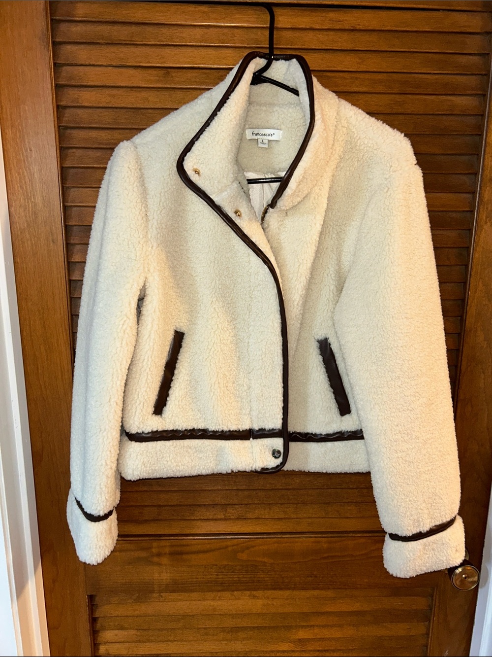 Francesca's Cream Teddy Jacket with Dark Brown leather Trim